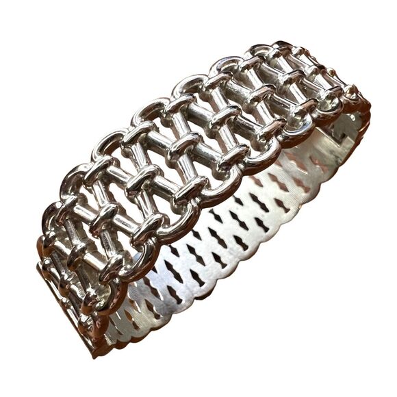 Hinged Woven Cuff Bracelet Statement Jewelry Silver - Picture 1 of 12